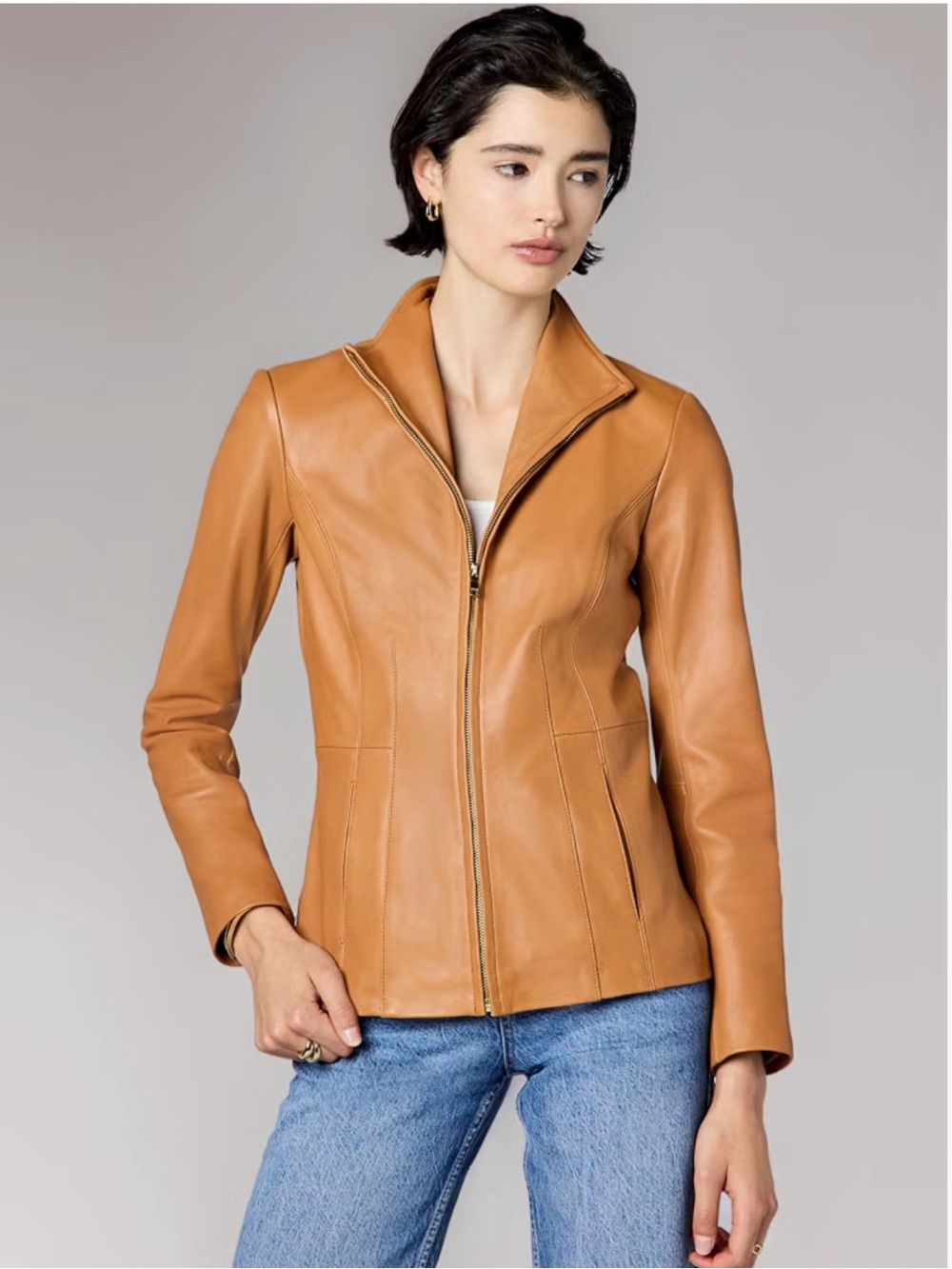 Cole Haan Wing Collar Lambskin Leather Jacket Hazelnut Brown Size L EUC